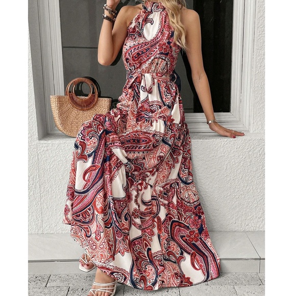 Boho Paisley Print Belted Halter Maxi Dress - Picture 6 of 7